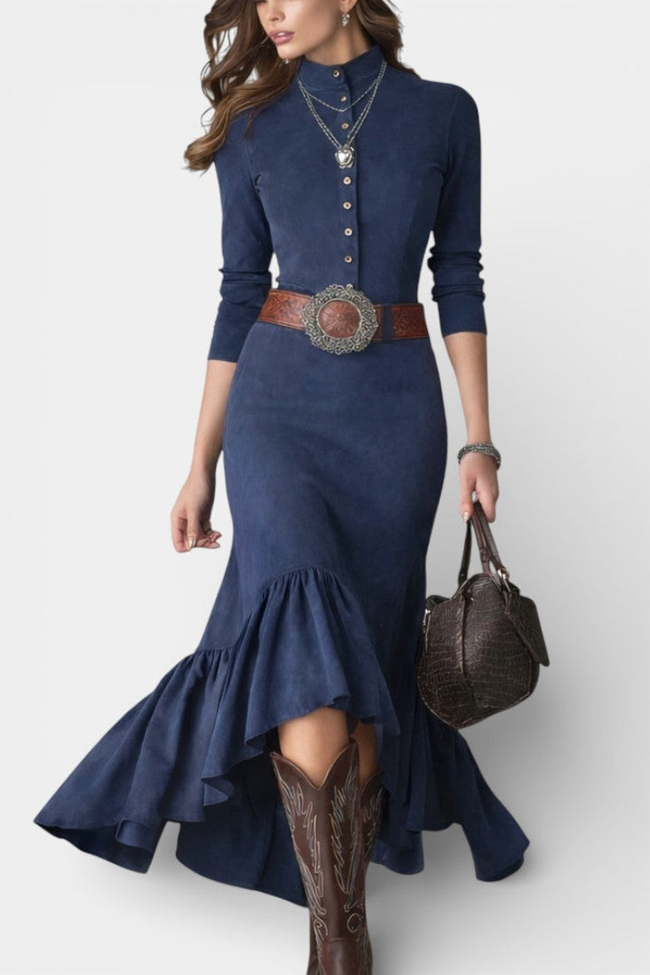 Louna Robe Maxi à Col Montant Bleu Marine à Boutons et Ourlet Asymétrique