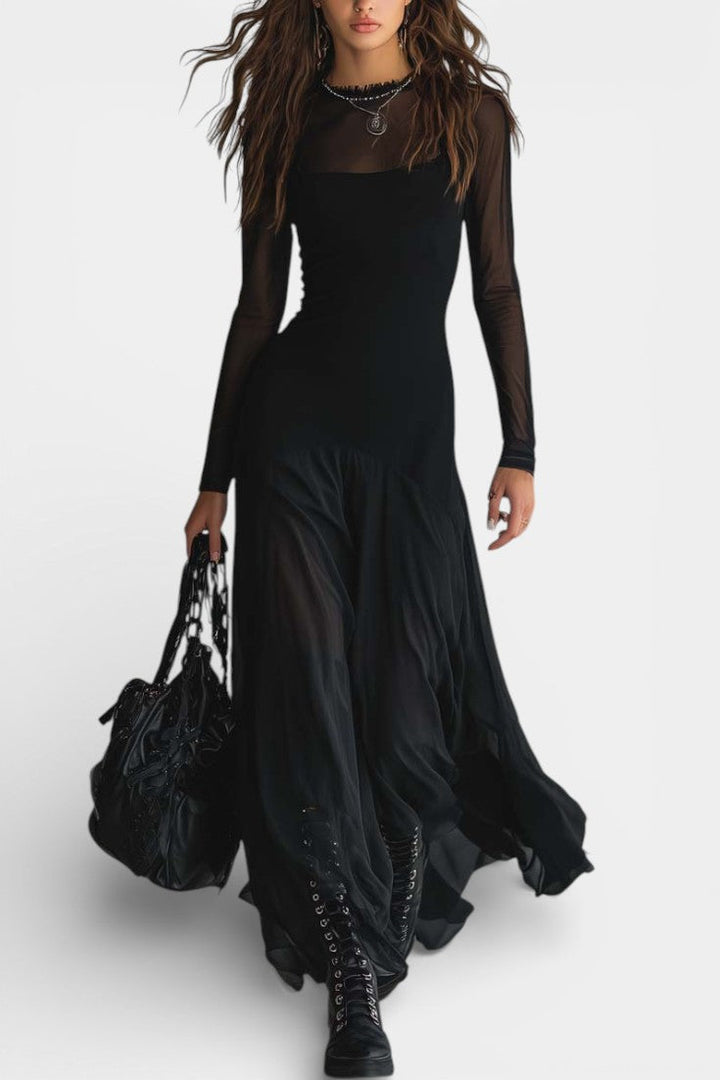 Albéria Robe Longue Ample en Tulle Noir Patchwork