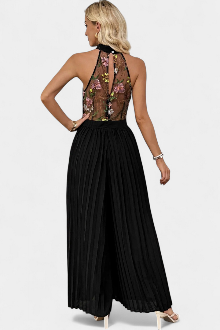 Maruja Combinaison Halter à Dentelle Florale et Pantalon Palazzo Plissé