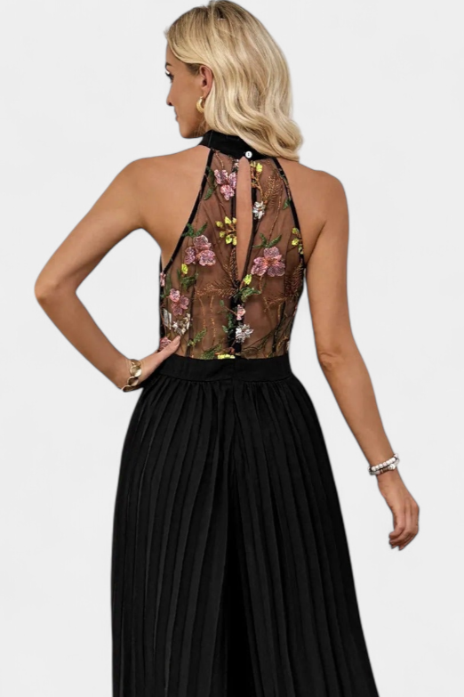 Maruja Combinaison Halter à Dentelle Florale et Pantalon Palazzo Plissé