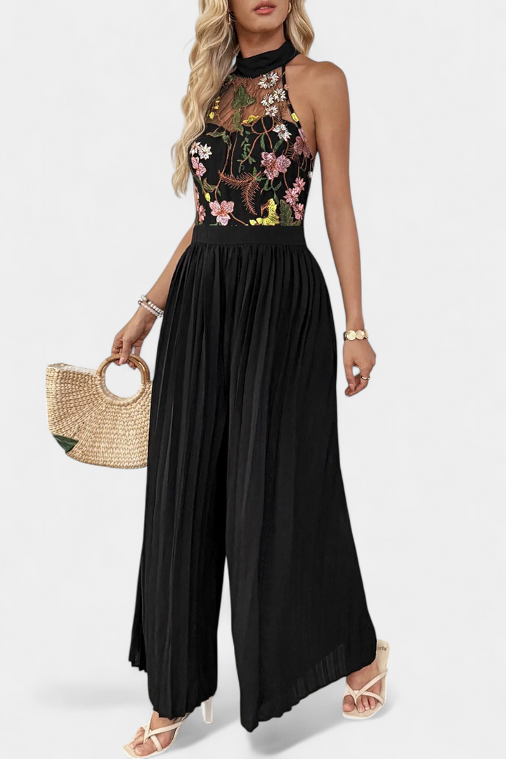 Maruja Combinaison Halter à Dentelle Florale et Pantalon Palazzo Plissé