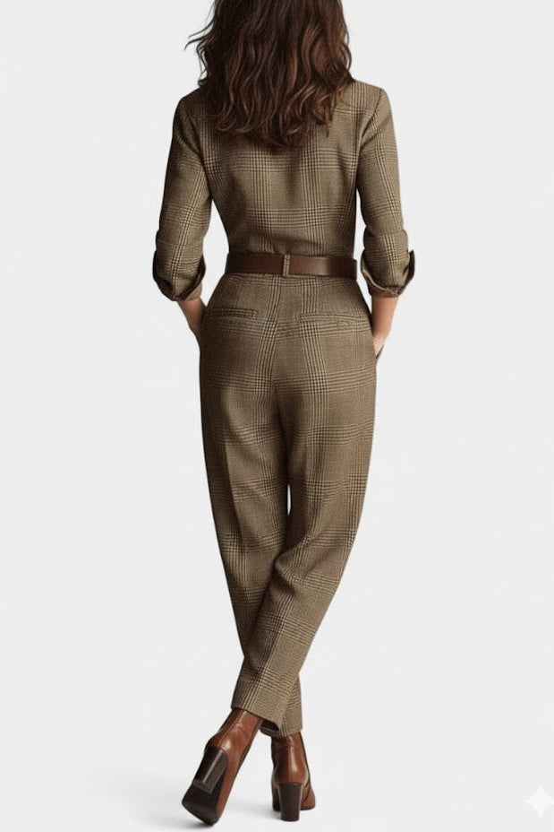 Cali Combinaison en Tweed à Carreaux Marron et Taille Ceinturée